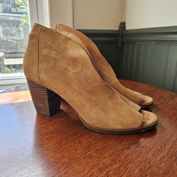 Lucky Brand Shoes - Lucky Brand Joal Tan Suede Peep Toe open V-Cut Block Heel Booties womens 9M/40